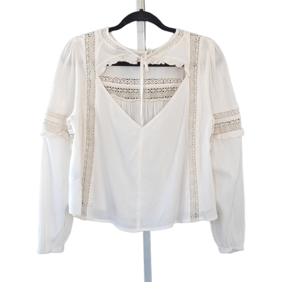 American Eagle Boho Long Sleeve‎ Babydoll Cream Shirt Top Sz M - Picture 2 of 8